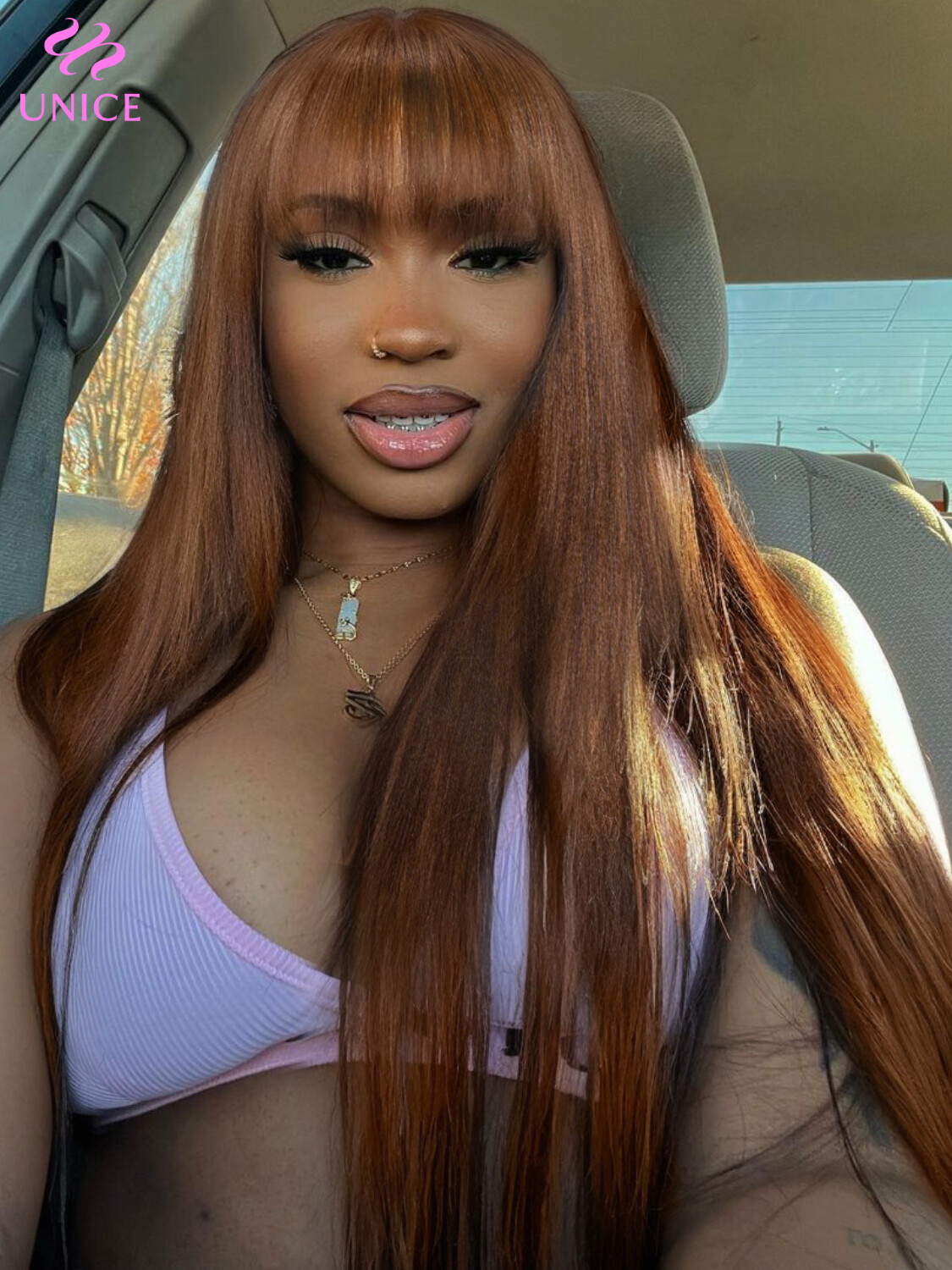 UNice Cambodian Brown Yaki Straight Human Hair Wig with Bangs Lace Wig Layer Cut