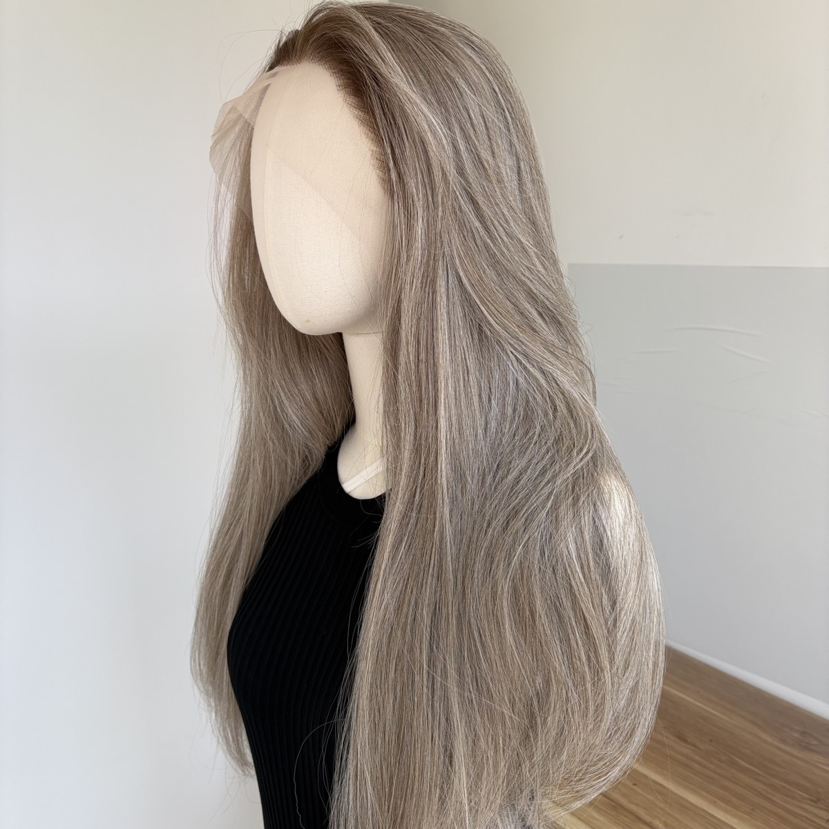 Layered Lace Front Wig Heat Resistant Hair Long Straight Mix Grey