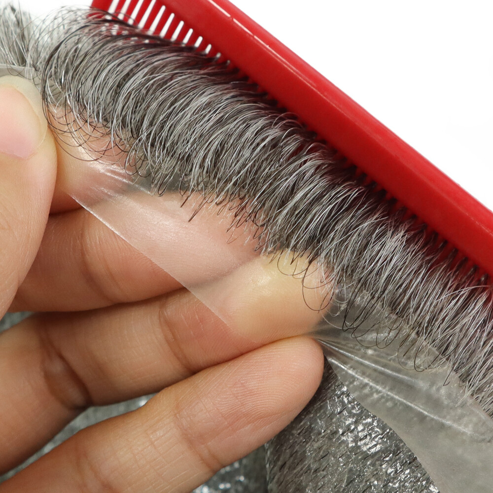 Toupee For Men Human Super Thin Skin V Looped Men Hairpiece Wig Black Grey #1B65