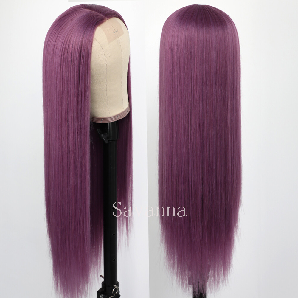 Women Long Straight Synthetic Wig Purple Hair Heat Resistant Cosplay Party Wigs