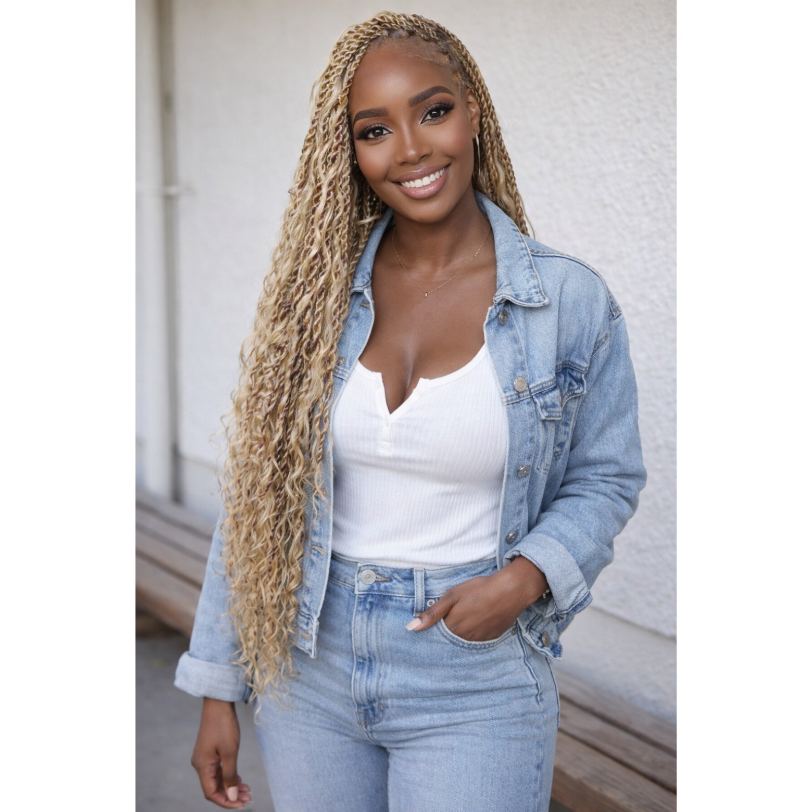 Braided Wig Light Blonde Boho Box Braids Full Lace Glueless Curly Ends 32″ Long