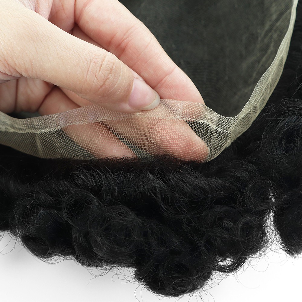 Toupee for Men Human Hair Afro Curl 12mm French Lace Black Hair System Pieces 1B