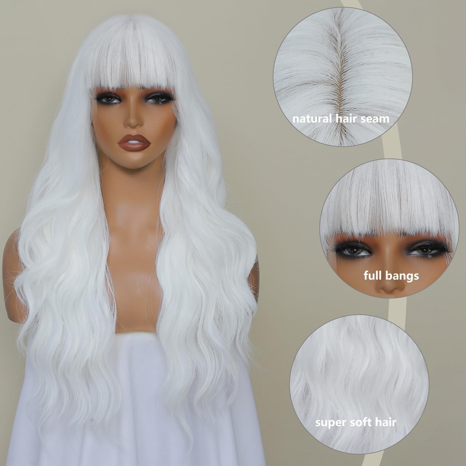 White Wig with Bangs for Women, Long Wavy White Wig 26 Inch Wigs Heat Resista…