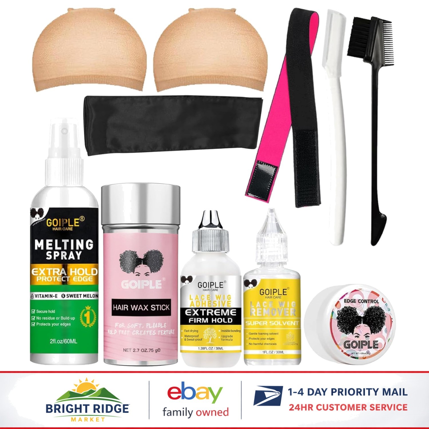 Wig Accessory Kit with Glue, Remover, Caps, Hair Wax Stick & Edge Control