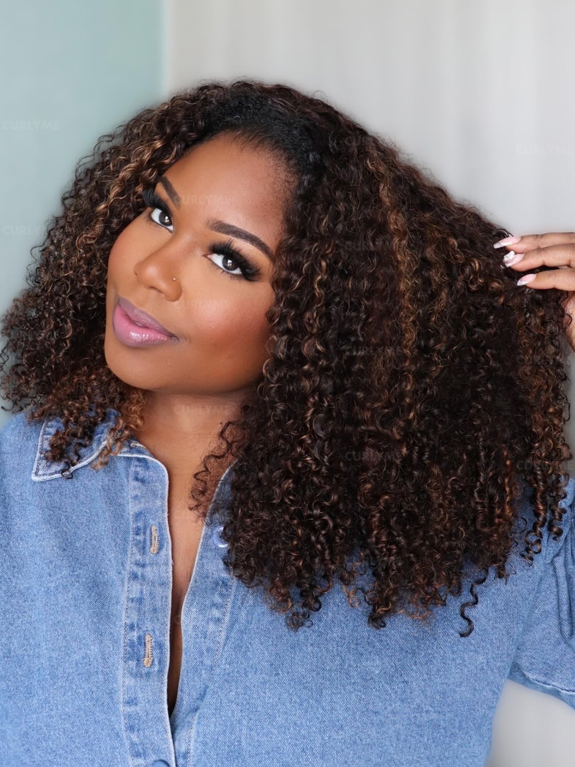 Kinky Curly Half Wig Ombre Honey Blonde 18″ Human Hair Glueless Install, 3-in-1