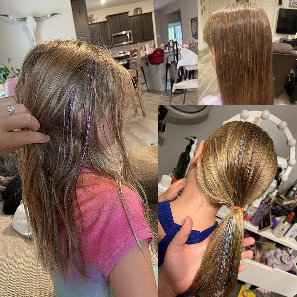 70s Inspired Sparkling Silver Hair Tinsel Kit – 1200 Strands for Fun Hair Styles