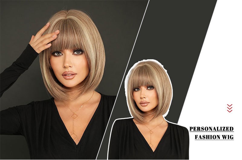 Short Bob Wig Brown Blonde mix Beige Highlight Full Head Fashion Sythenic Wigs