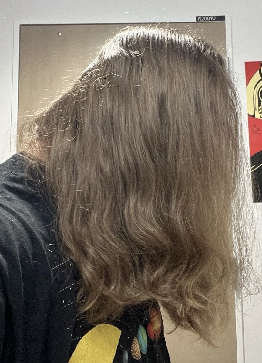 natural untreated medium/dark blonde hair, 11-12inch long, 3inch diameter