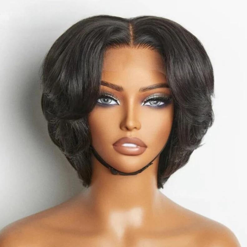 SisBroSis 4×4 Pixie Cut Human Hair Wig Lace Closure Middle Part 1B