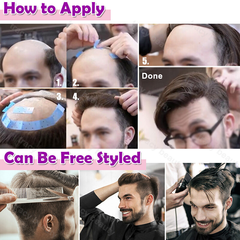 Mens Toupee 100% Remy Human Hair 30mm Thin Skin PU Hairpiece Replacement System