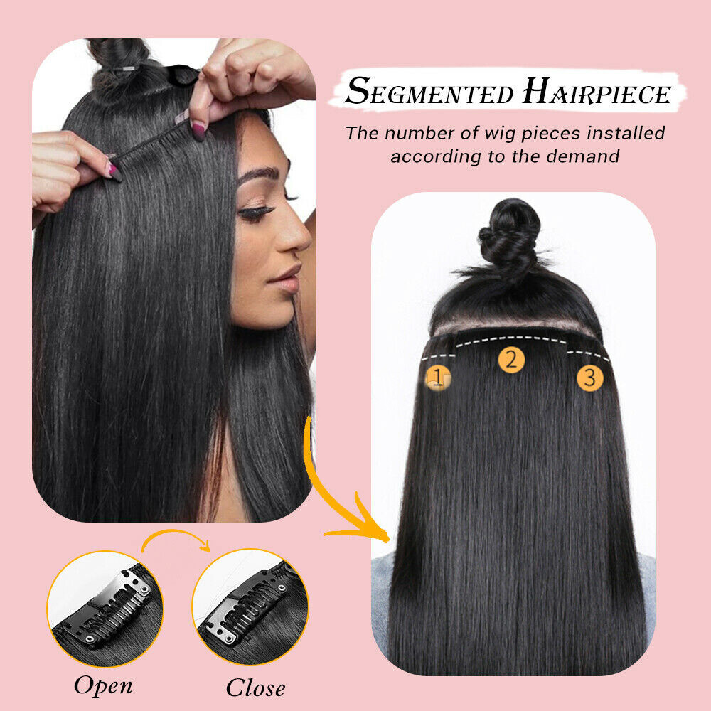 THICK 100% Real Clip In as Human Hair Extensions Weft FULL HEAD Balayage Brown