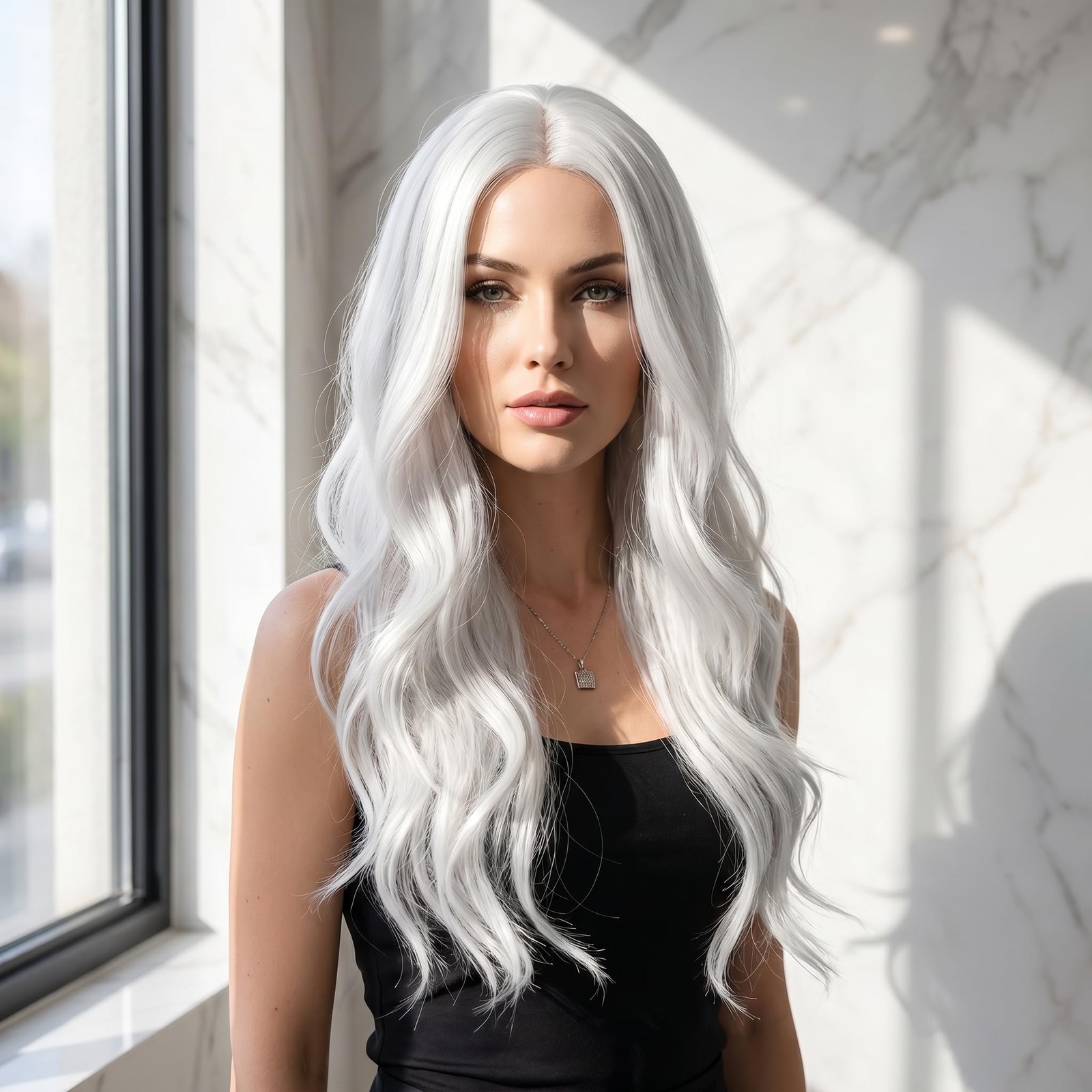 Long White Wavy Wig for Women 27.5 Inches Middle Part Natural Looking Curly W…