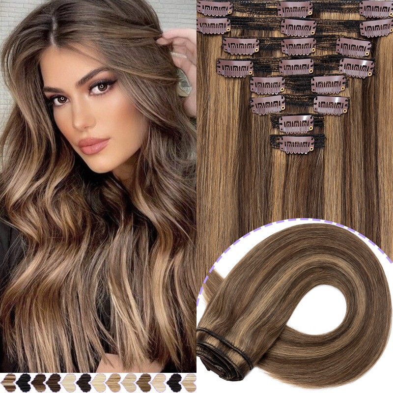 100% Human Hair Extensions Clip In Real Remy Hair Full Head Thick 8Pieces120gram