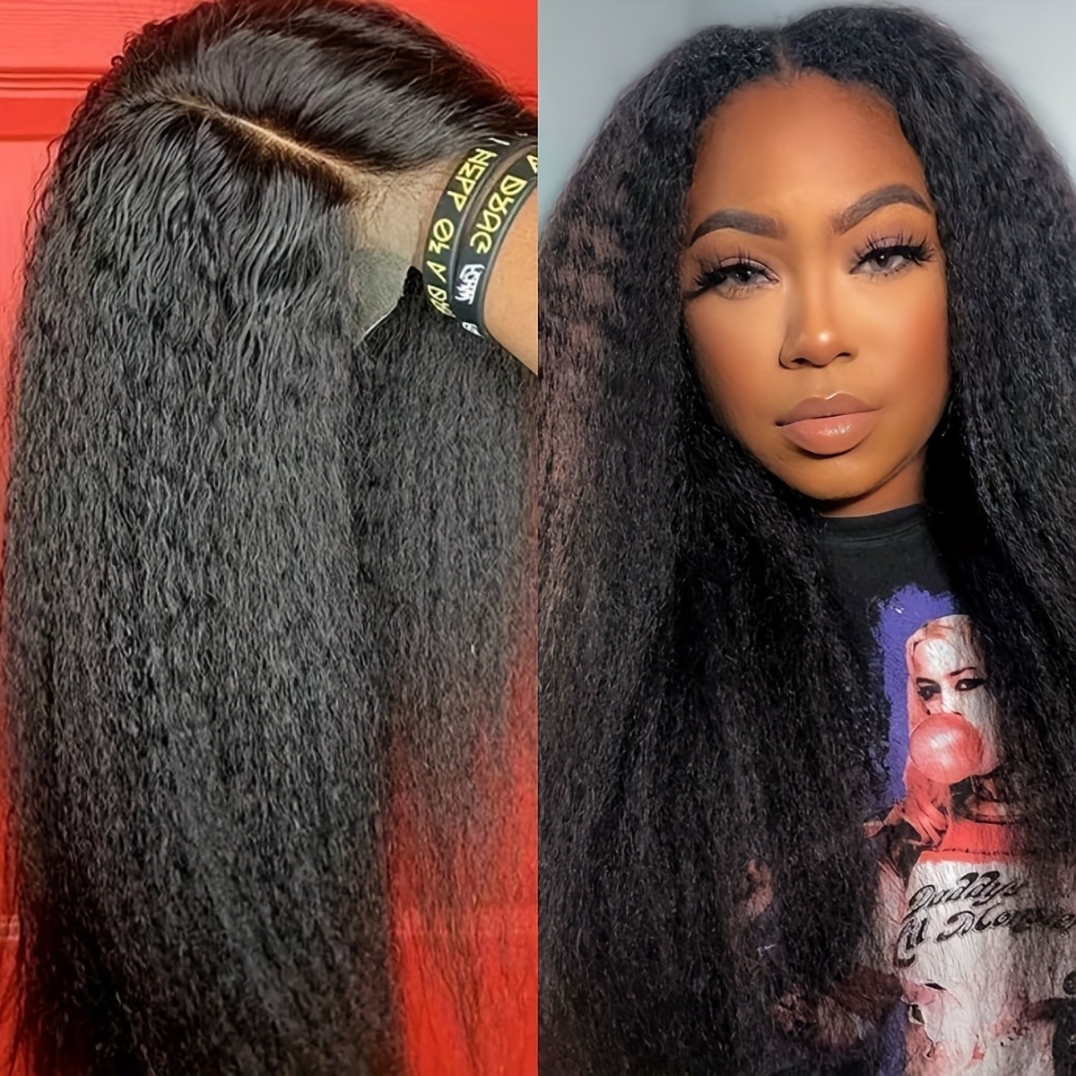 Kinky Straight Lace Front Wig Pre Plucked Natural Hairline 13×4 Black Hair Soft