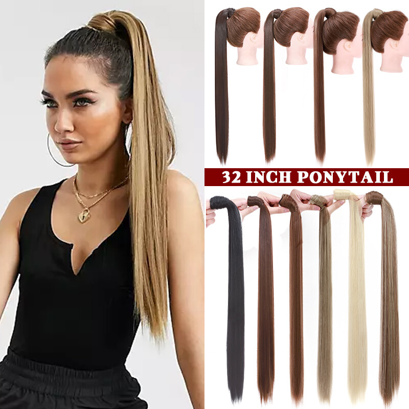 26″ 140g Clip in Wrap On Ponytail Hair Extensions Long Straight Thick As Human