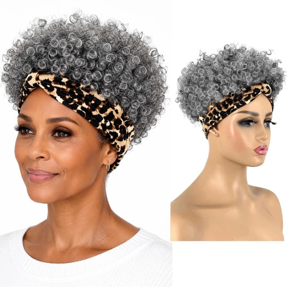 Salt and Pepper Headband Wig Short Curly Wigs with Headbands Attached for Bla…