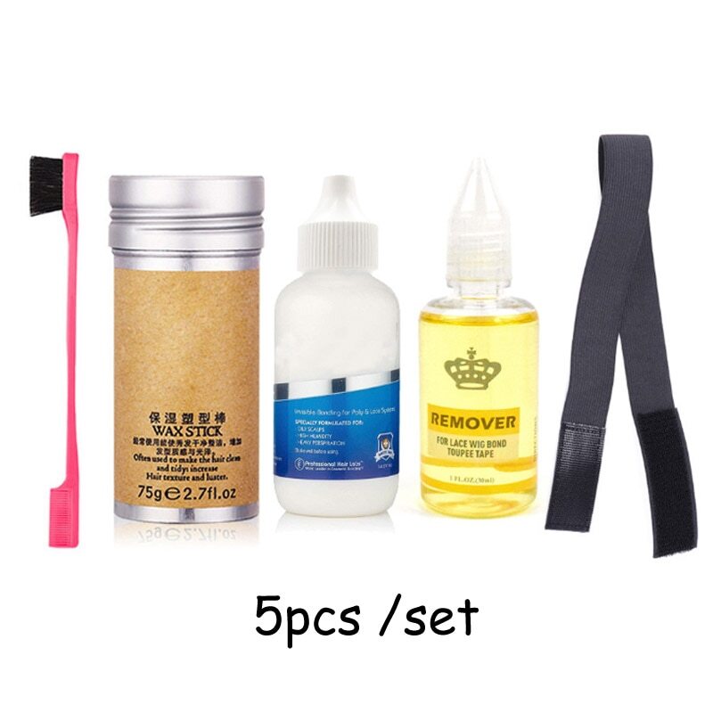 5Pcs/Set Lace Glue+Lace Tape Remover+Hair Wax Stick+Hair Brush With Melt Band