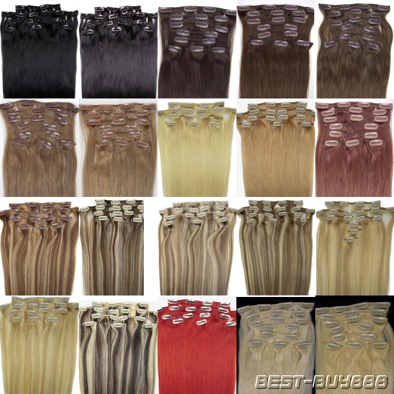 100% Human Hair Extensions Clip In Real Remy Hair Full Head Thick 8Pieces120gram