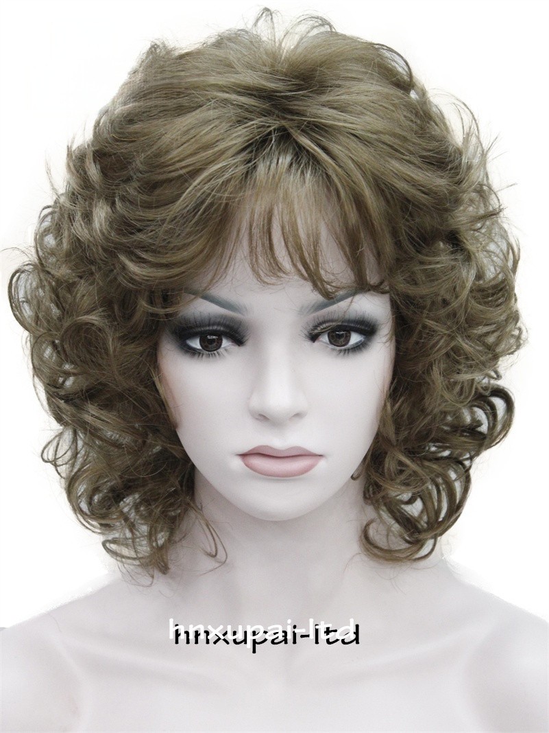 Short Loose Curls Curly Ash Brown Blonde Mix Synthetic Hair Wigs Women Soft