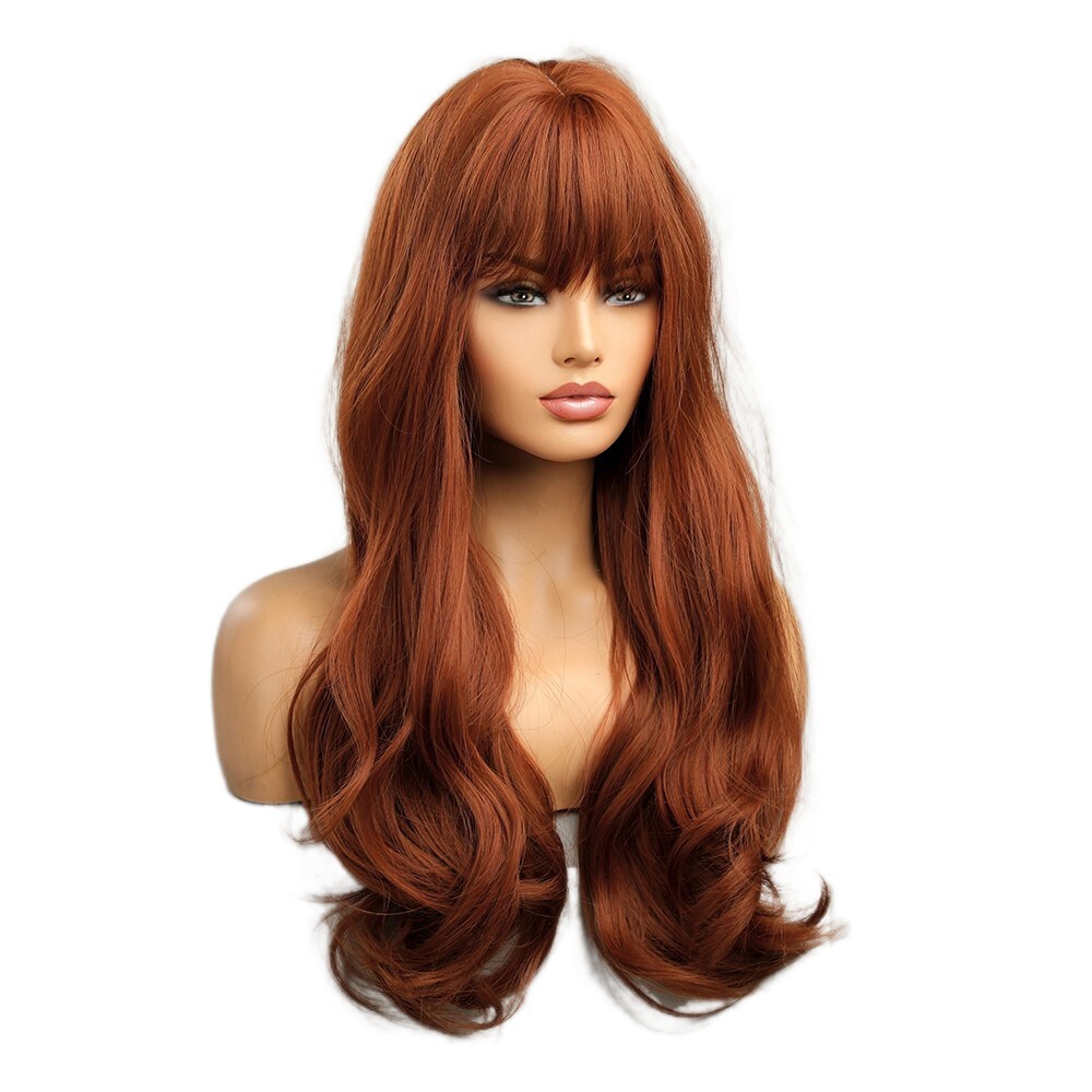Synthetic Hair Heat Resistant Dress Up Wig With Bangs Copper Red Long Wavy