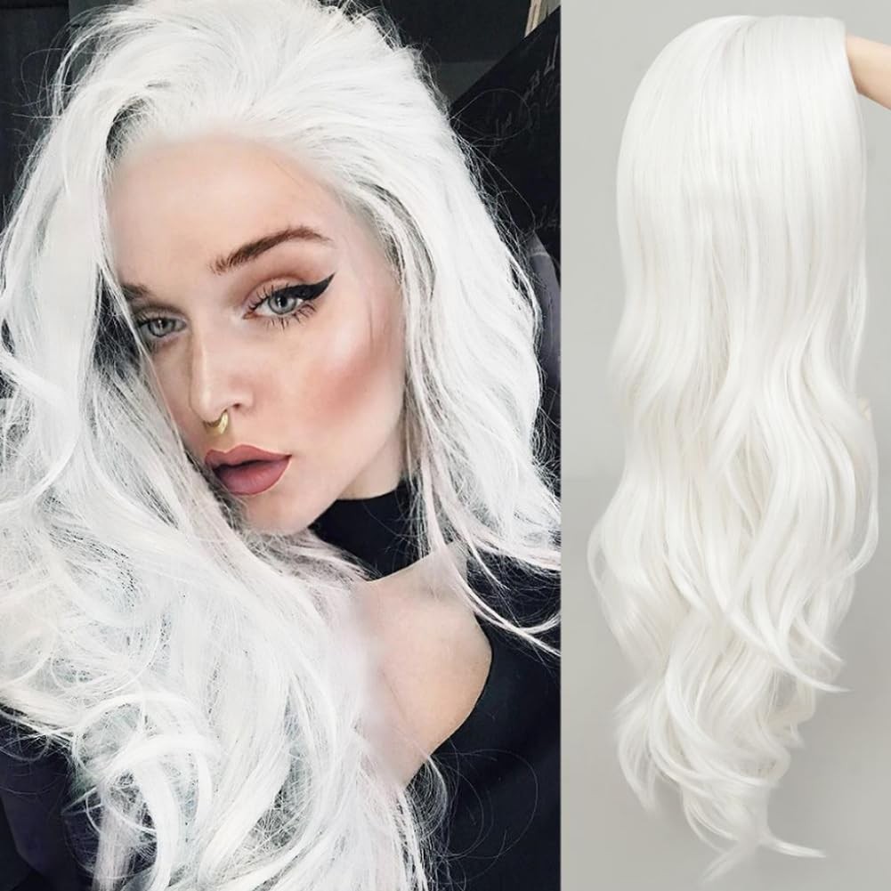 White Cosplay Wigs for Women Long Curly Wavy Middle Part Wig Heat Resistant F…