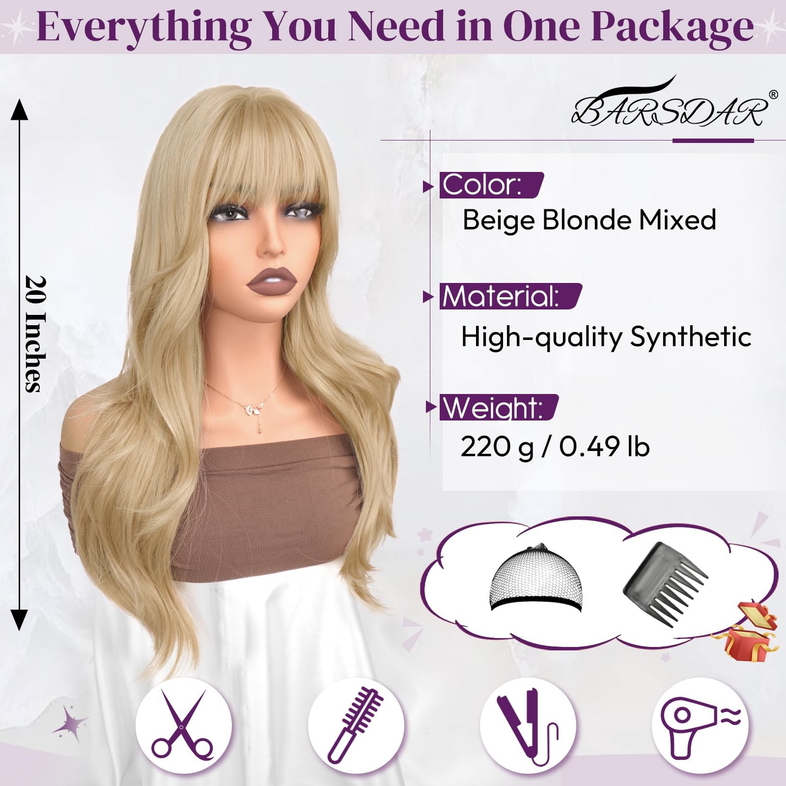 Beige Blonde Layered Wig with Bangs – 20 Inch Blonde Layered Wig with Bangs f…