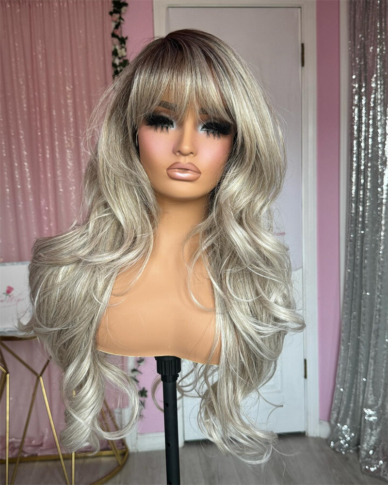 Ombre Ash Gray Blonde Wave Wig with Bangs 13×4 Lace Frontal Wigs Remy Human Hair