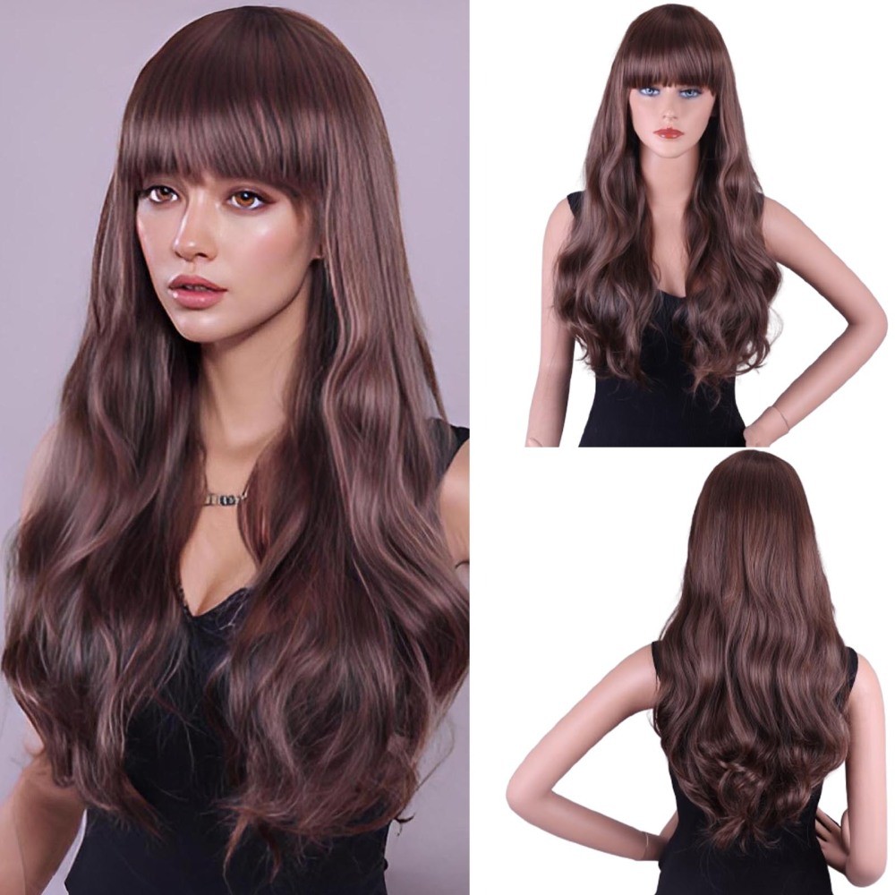 26 Inch Long Curly Full Wigs with Bangs Body Wave Hair for Women Borwn Wavy Wigs