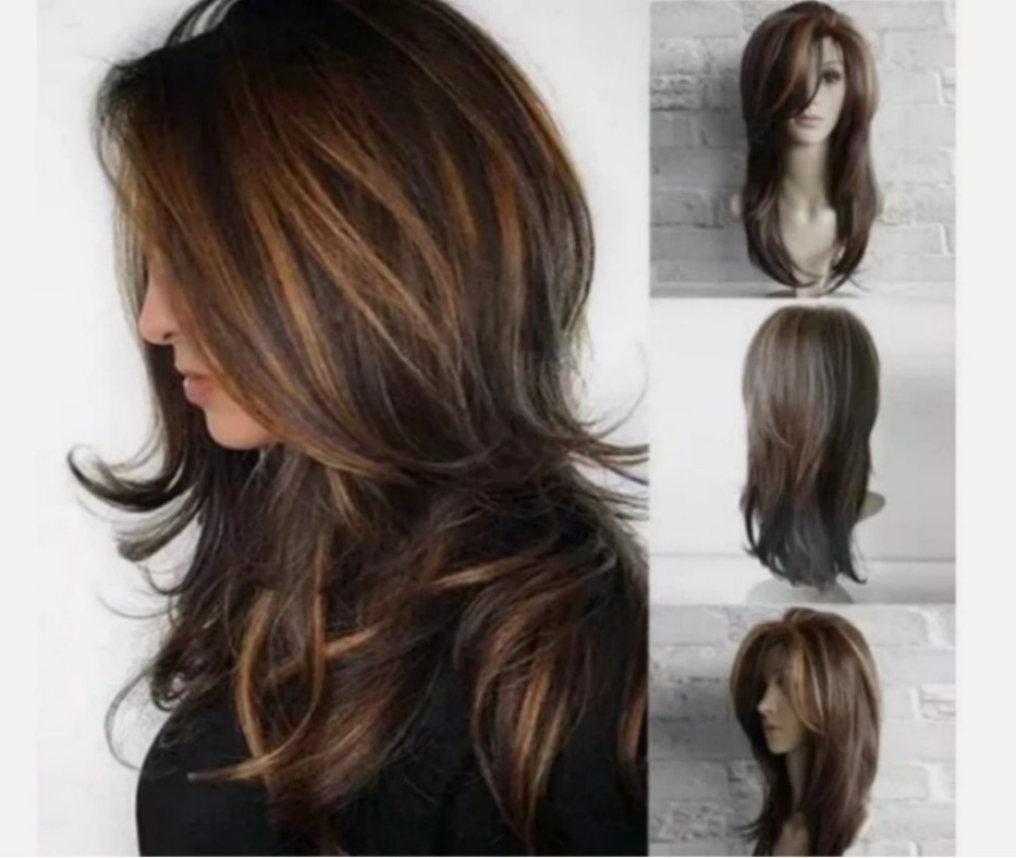 Women Dark Brown w/Gold Highlight Ombre Shoulder Length Curly Hair Wig-&&++