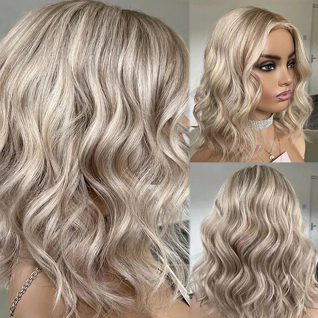 Remy Human Hair 13×4 Lace Front Wig Short Bob Brazilian Hair Wavy Ombre Blonde