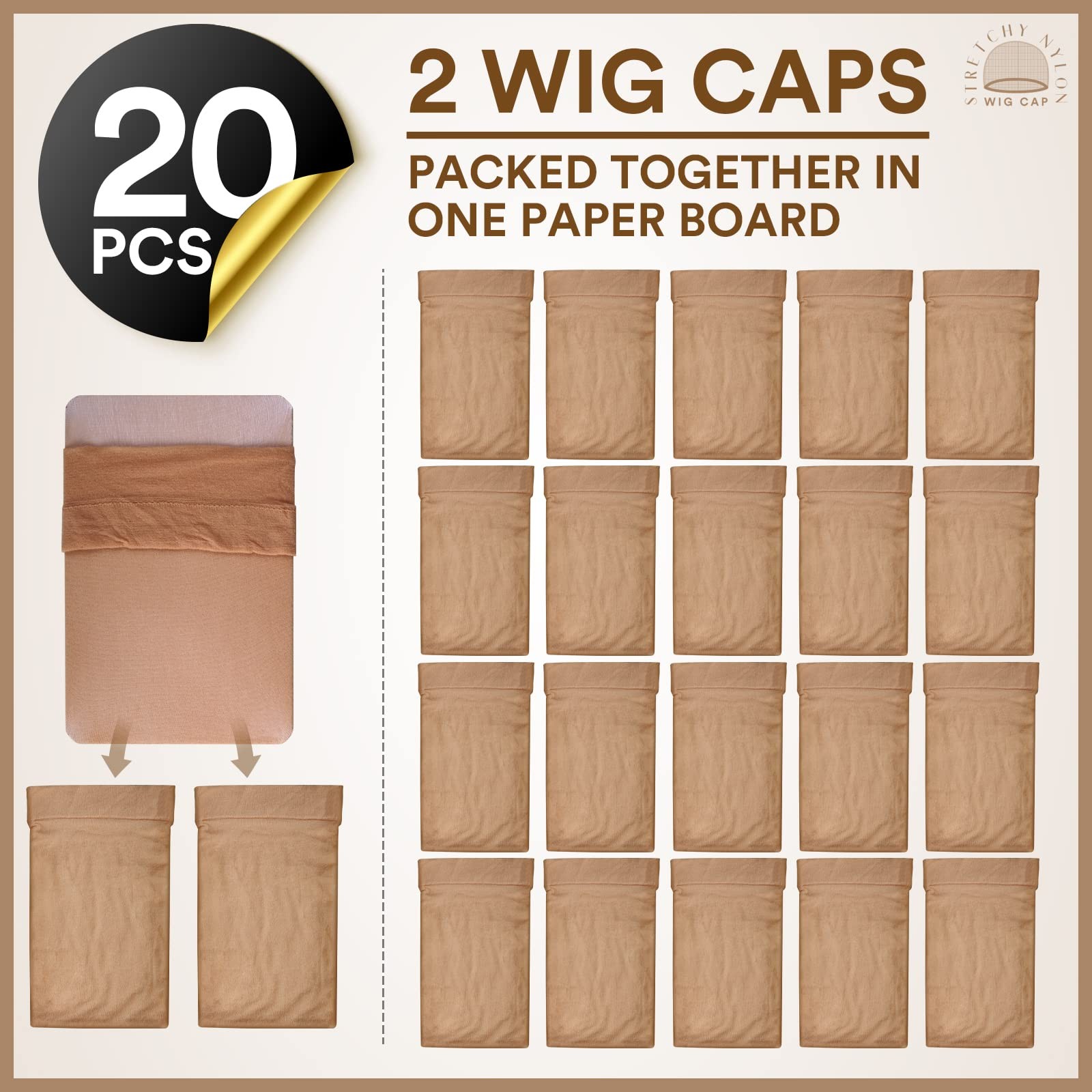 Teenitor Wig Cap, 20pcs Stocking Caps for Wigs, Tan Cap One Size, Beige