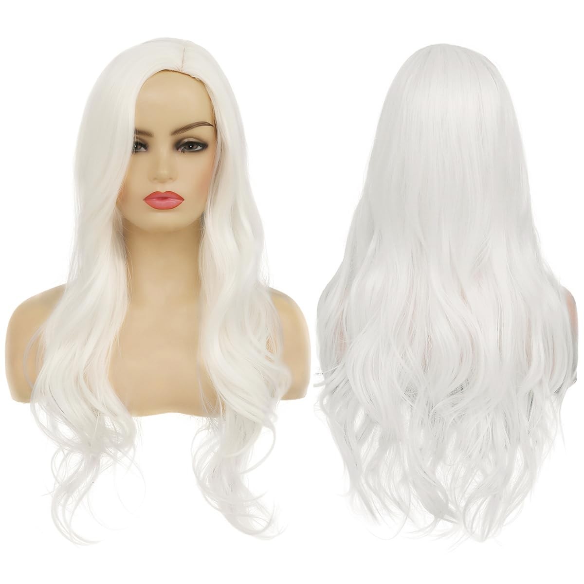 Long Curly Wavy White Wigs for Women Side Part Natural Looking Cosplay Synthe…