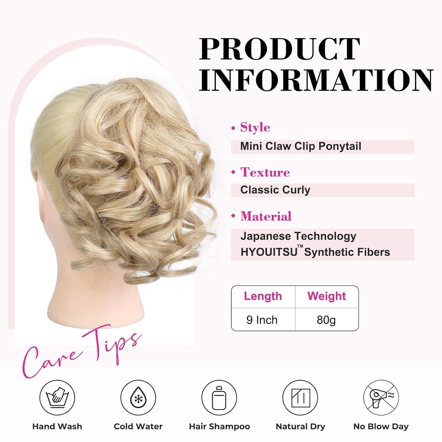 REECHO 9″ Short Ponytail Extension, Classic Loose Curly Wavy Claw Clip Pony tail