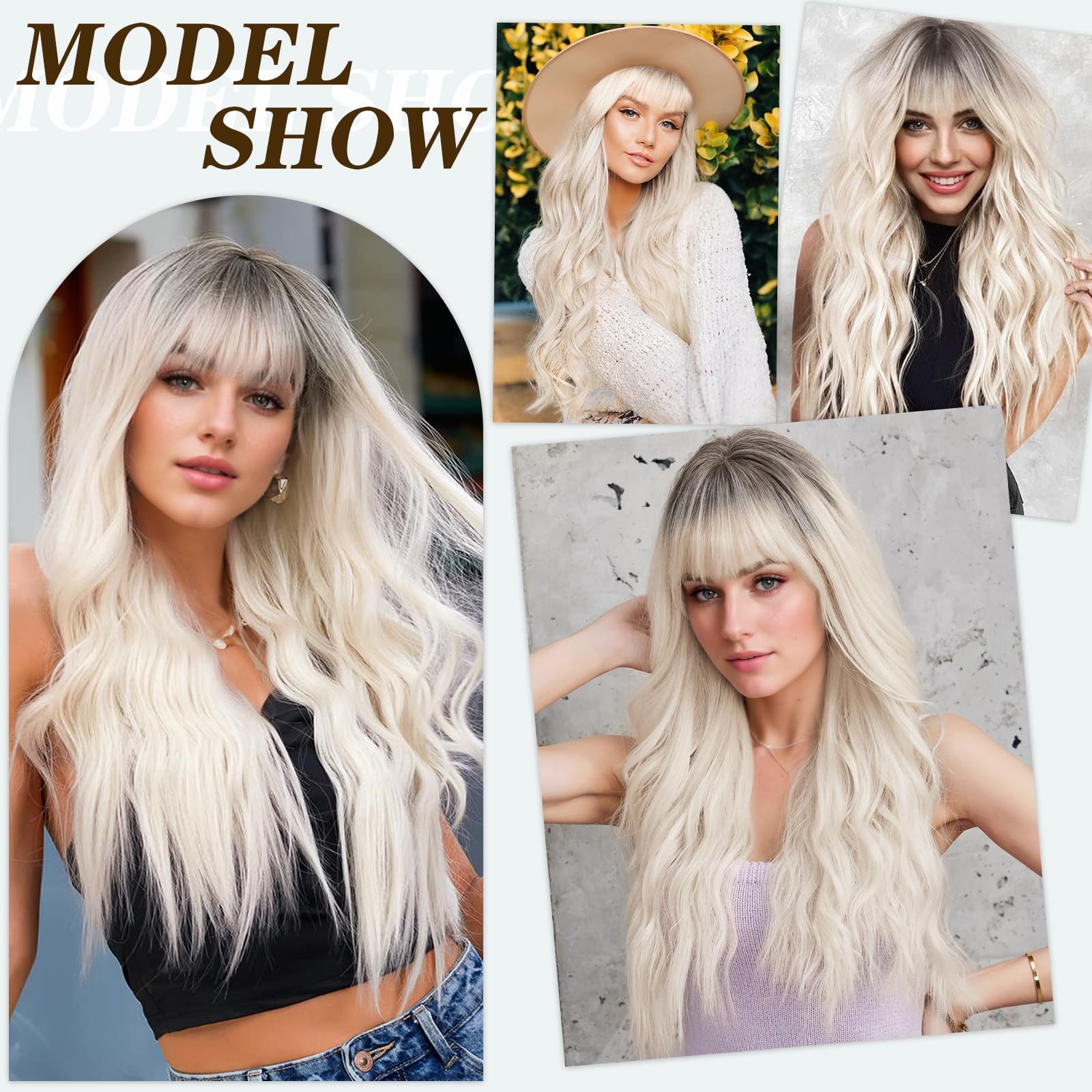 Long Wavy Wigs with Bangs for Women Ombre Wig Synthetic Wavy Hair wigs for bl…