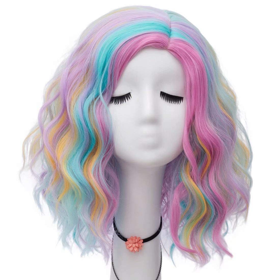 Women 16 Inches Curly Wavy Colorful Rainbow Fashion Anime Party Cosplay Wigs …