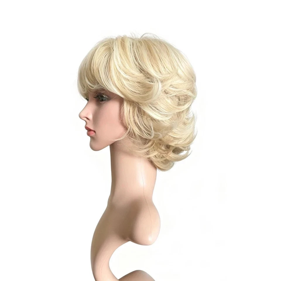 6 Inch Short Layered Wavy Bob Wig for Women, Pale Blonde Synthetic