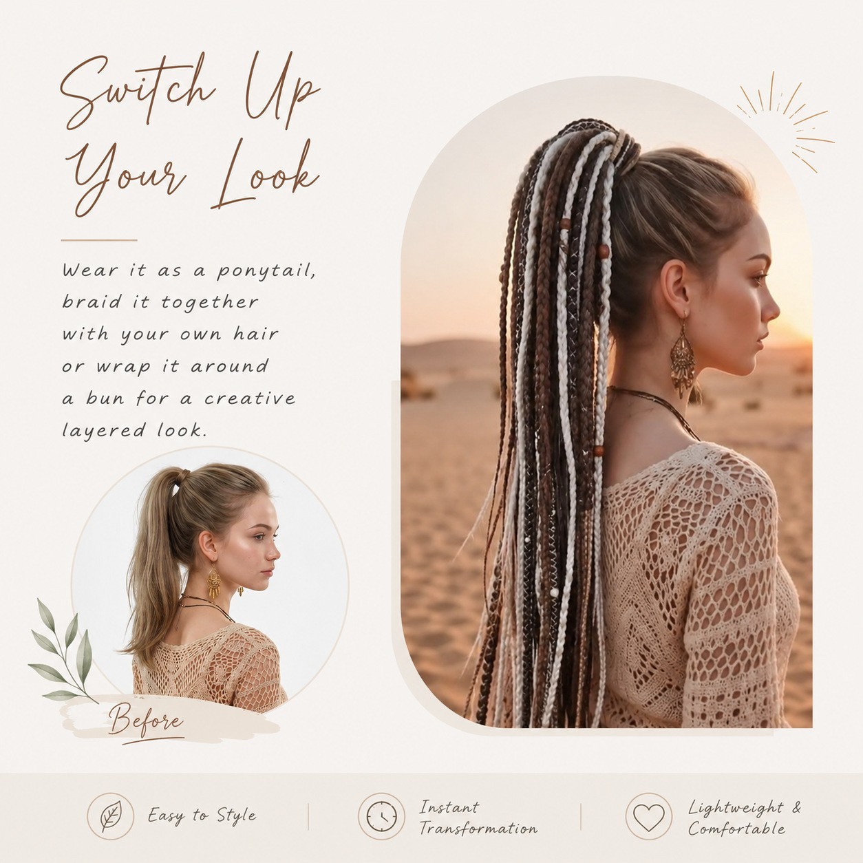 24 Inch Boho Braided Ponytail Hair Extension Dreadlock Beads Women Synthetic Wra