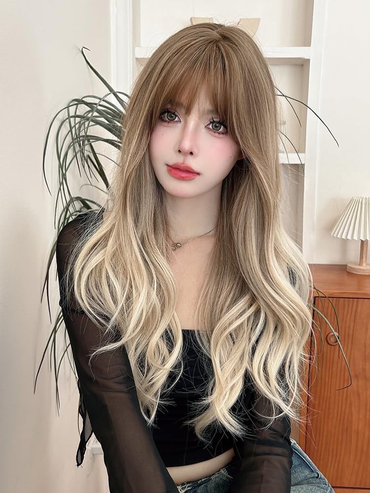 26 Inches Long Wavy Curly Wig for Women Blonde Brown Synthetic Hair Natural C…