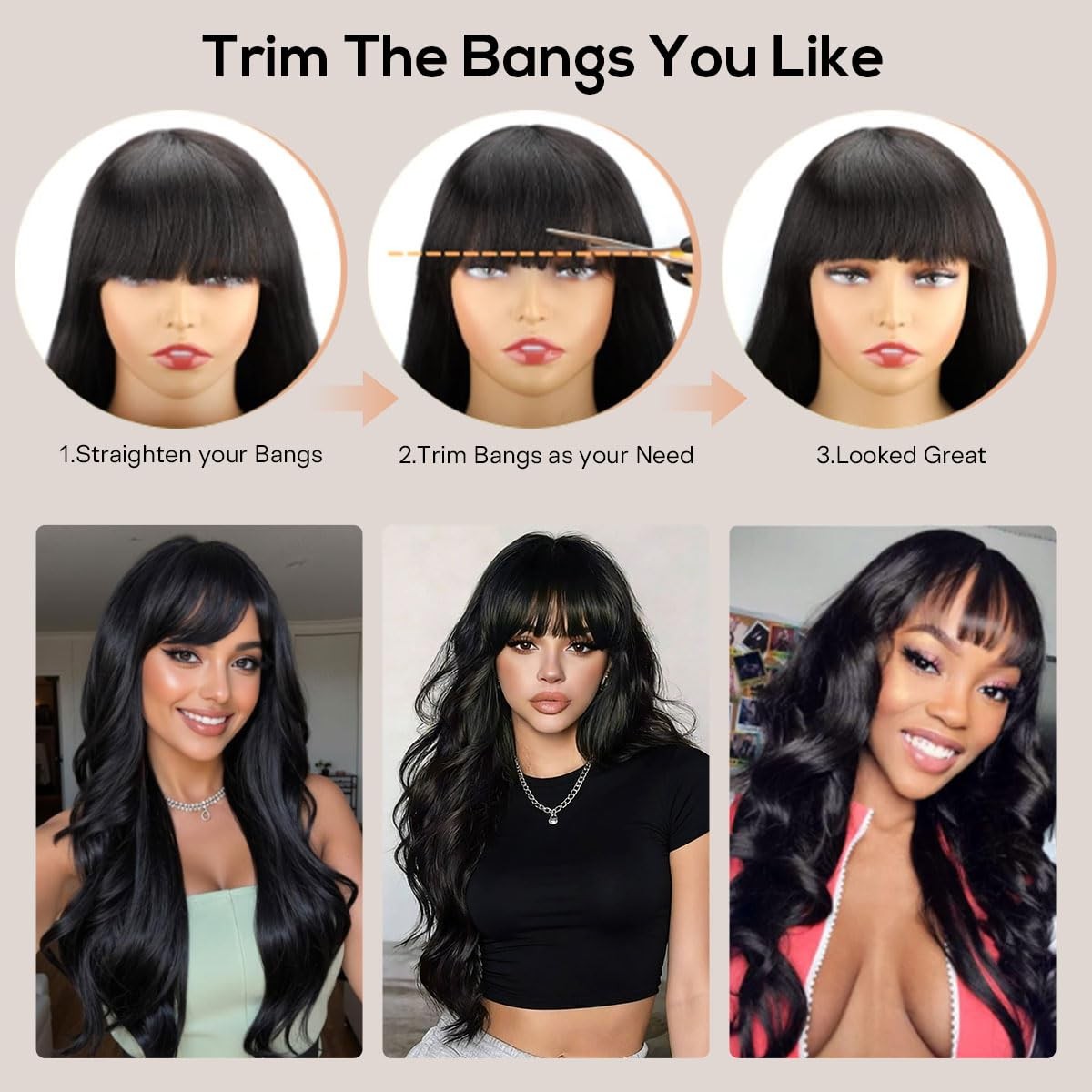 Black Wig with Bangs 26 Inch Long Curly Wavy Wigs for Women Begineer-Friendly…