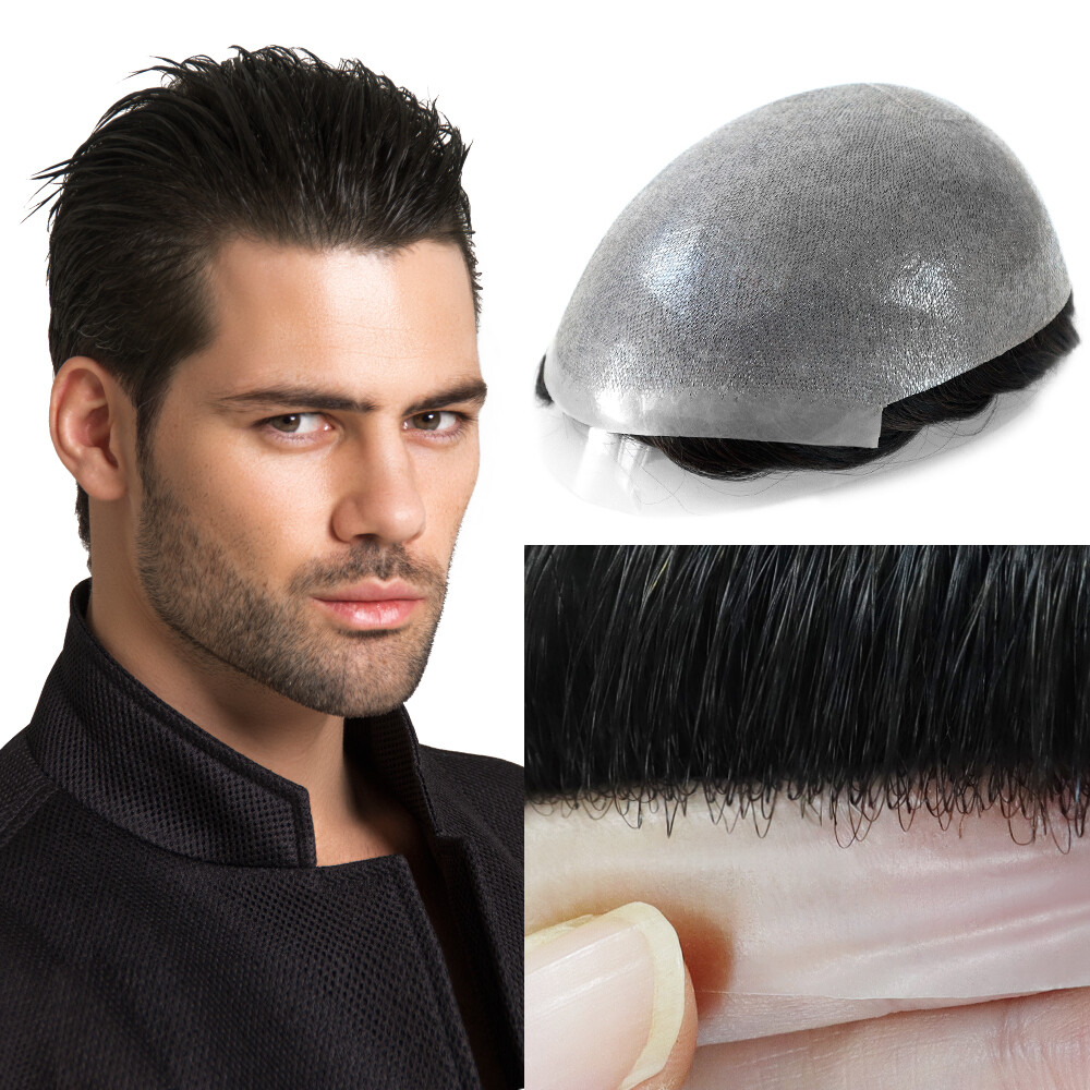 Super Thin Skin Mens Toupee Human Hair Replacement System Gent Hairpieces BLACK