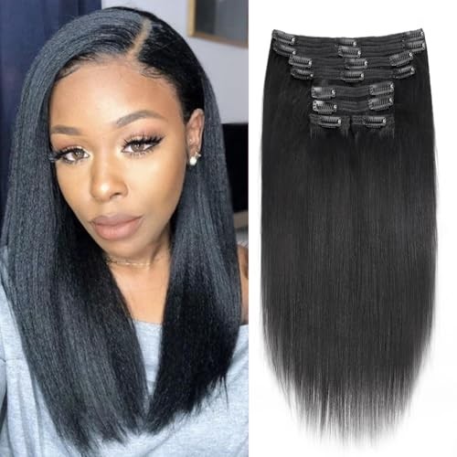 12″ Yaki Straight Clip-In Human Hair Extensions – 120g, 18 Clips, Low Shine, #1B