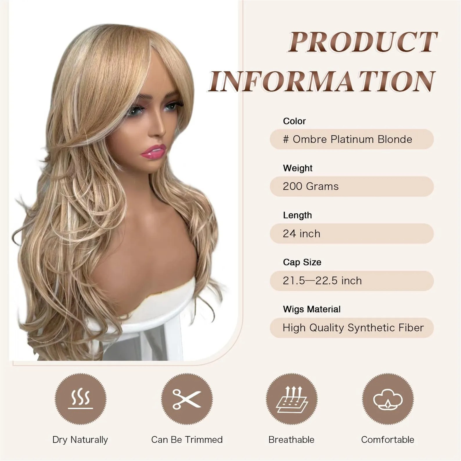 Platinum Blonde Highlight Ombre Light Brown Wig Long Wavy Layererd Wig