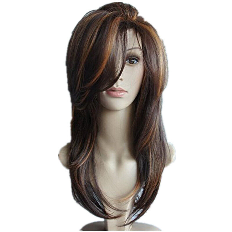 Women Dark Brown w/Gold Highlight Ombre Shoulder Length Wig Synthetic Curly Hair