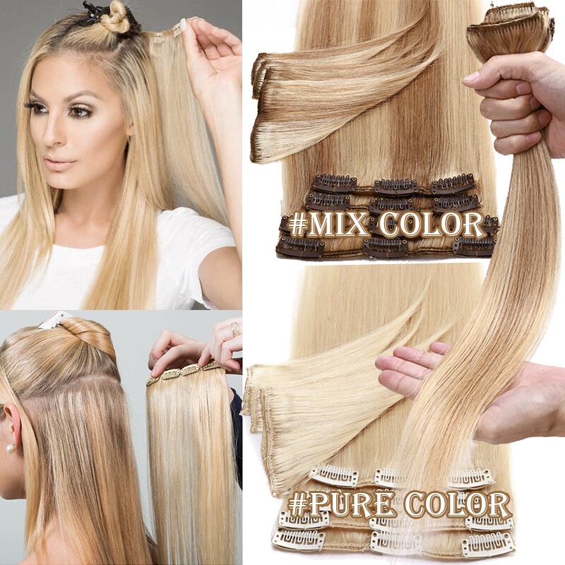 Clip In 100% Remy Real Human Hair Extensions Full Head Highlight Ombre US 8″-24″