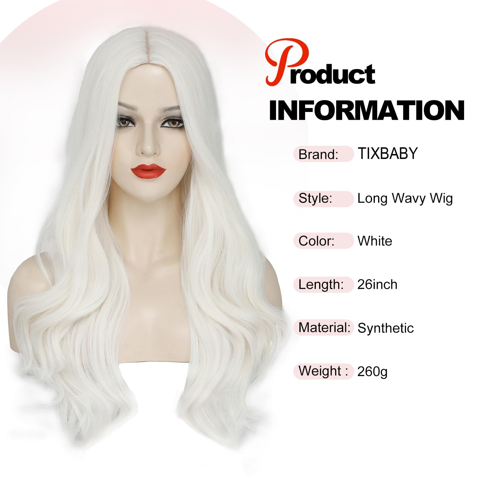 White Wig – 26 Inch Synthetic Wavy Wig for Women – Natural Looking – Middle P…