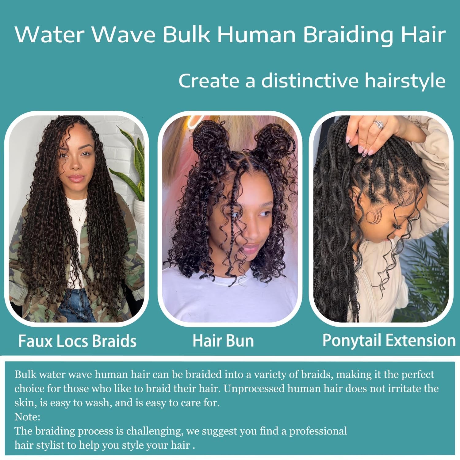 Human Braiding Hair 3 Bundles/Pack 150g Curly Water Wave Bulk Hair for Braidi…