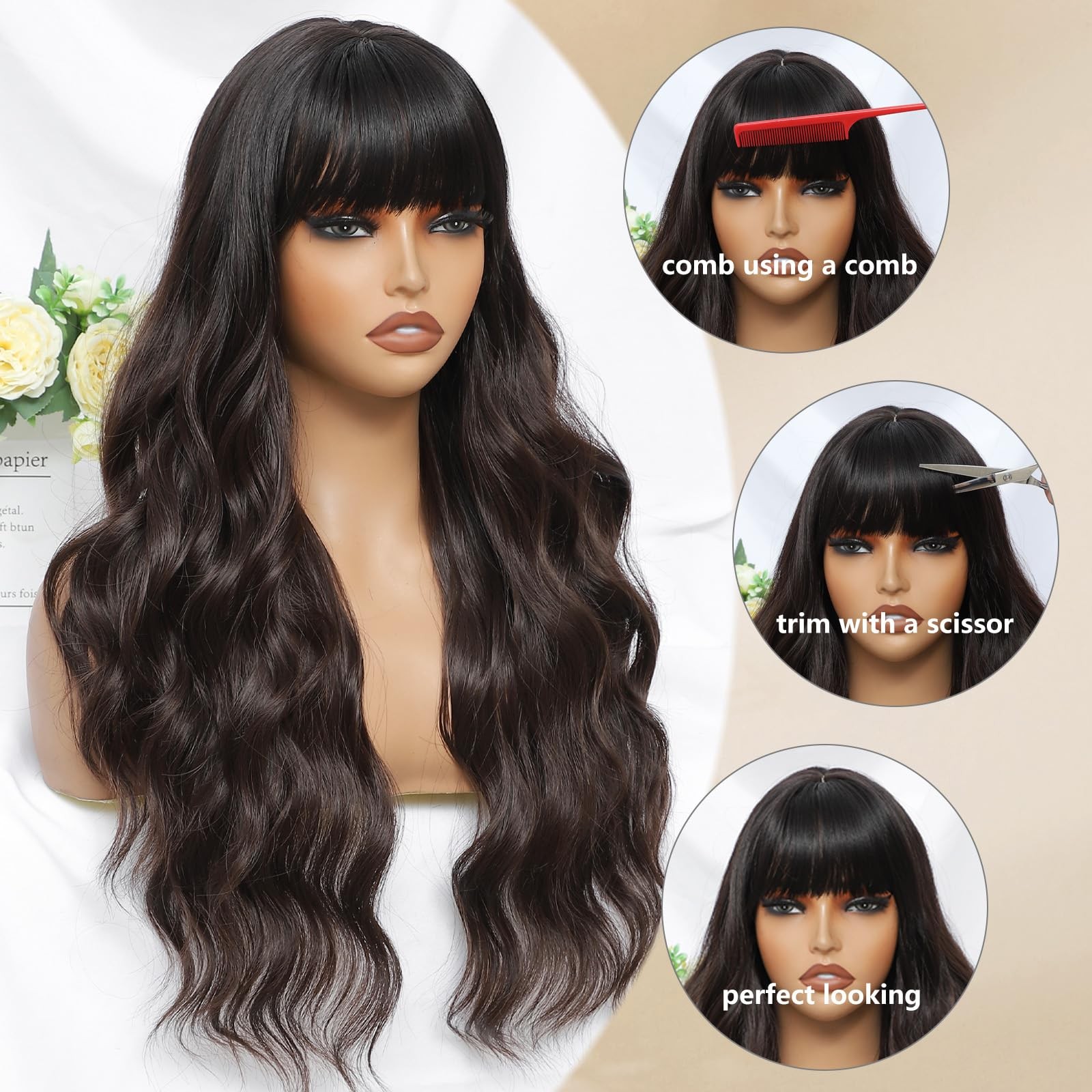 Brown Wig with Bangs for Women Long Brown Wavy Wigs 26 Inch Dark Brown Wigs N…