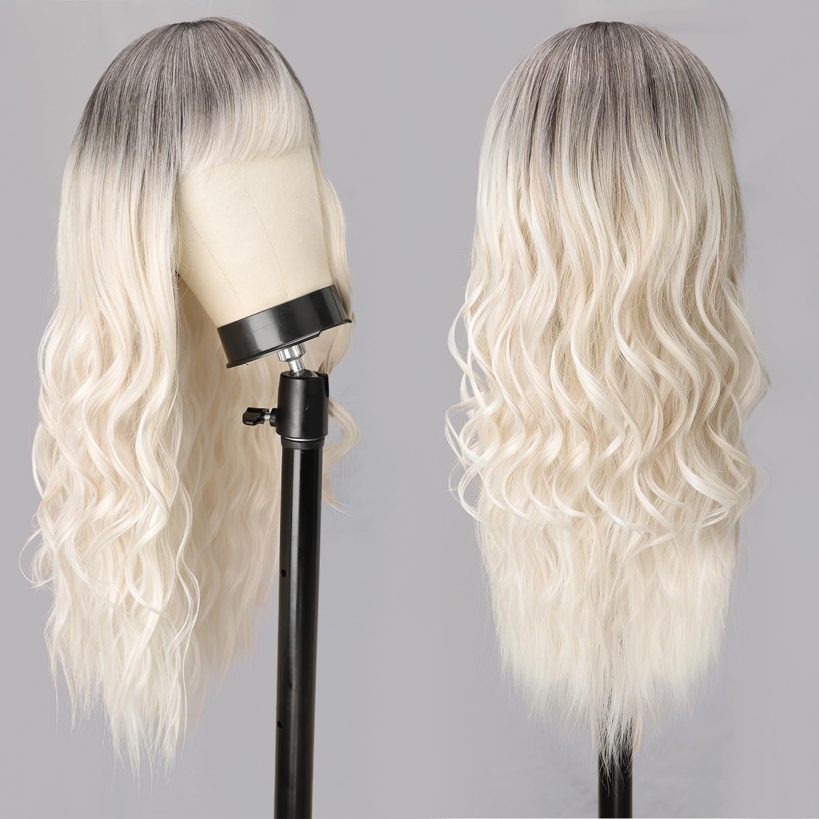 Long Wavy Wigs with Bangs for Women Ombre Wig Synthetic Wavy Hair wigs for bl…