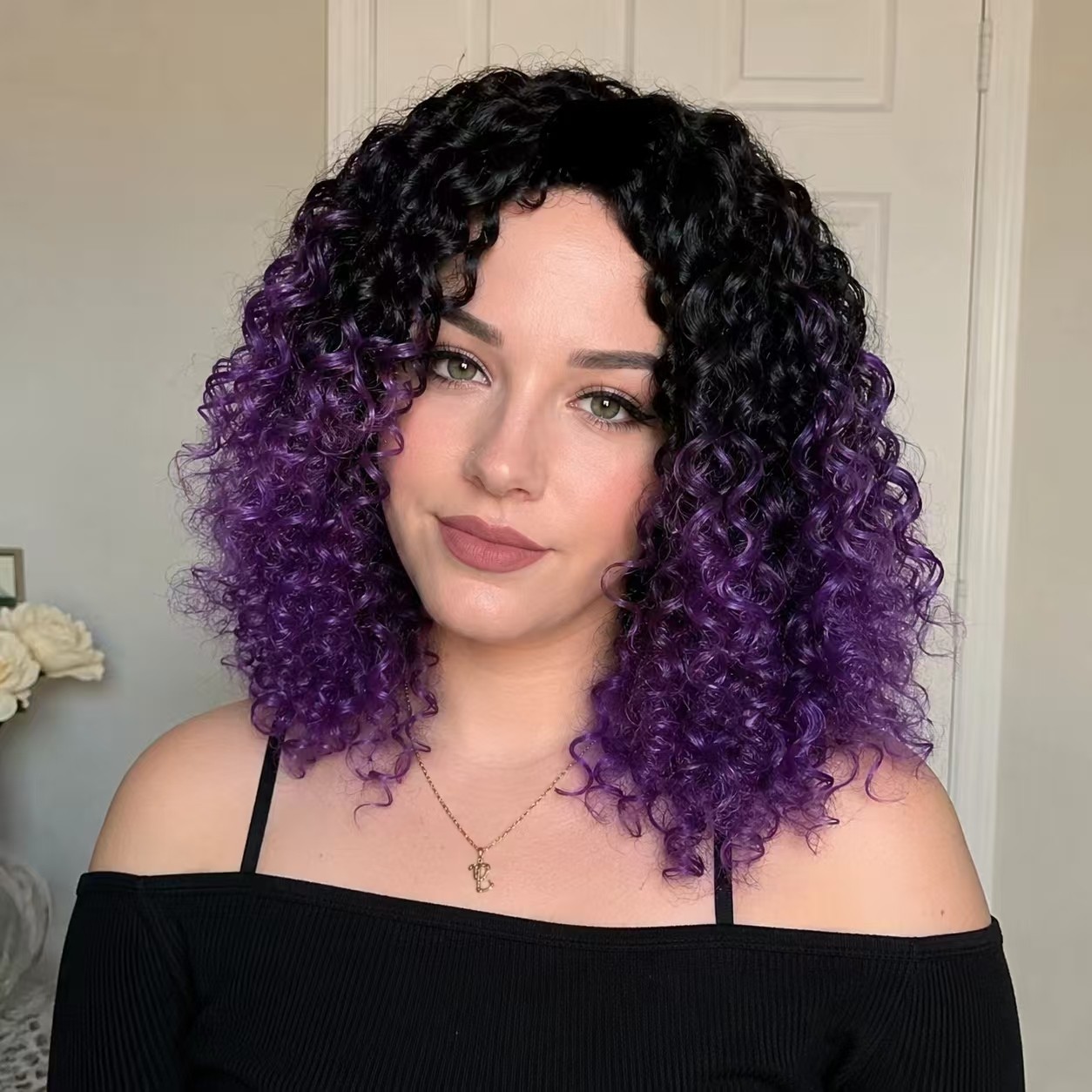 Afro Curly Wig For Black Women Black to Purple Ombre Fluffy Deep Wave Bob Wig