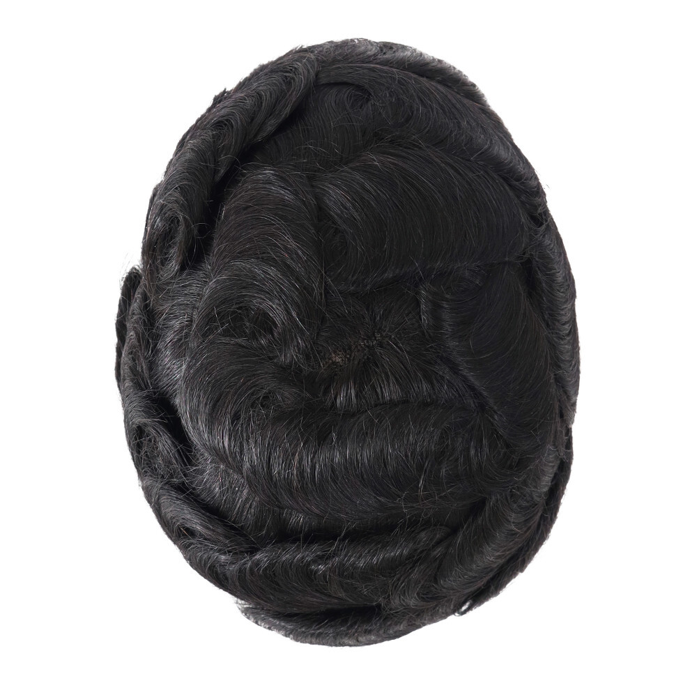 Mens Toupee Human Hair Replacement System Gent Hairpiece 0.02 Ultra PU Black #1C